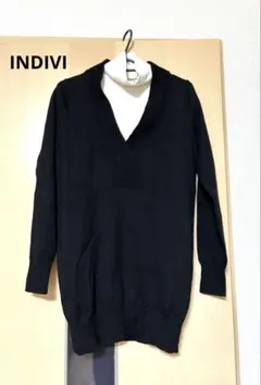 値下げ INDIVI ロング ニット Vネック 長袖 ウールブラック 黒 38
