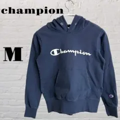 古着 Champion ネイビー フーディ パーカー 150㎝相当 プリントロゴ