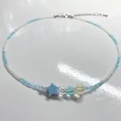 ハンドメイド ビーズネックレス ビーズチョーカー 水色パール 流れ星 約37cm