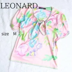 a20【極美品】LEONARDレオナール 花柄リボン半袖トップス 青白 Lサイズ