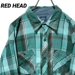 T-187 RED HEAD チェックシャツ 長袖 コットン L 緑 USA古着