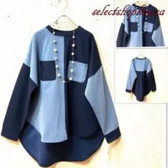 2026新作☆ストレッチジョーゼット×異素材ストライプ切り替えプルオーバー☆F