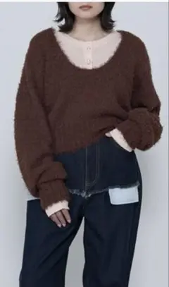 Uネックシャギーニットプルオーバー