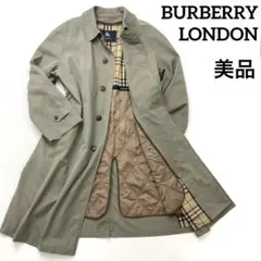 美品 バーバリーロンドン ステンカラーコート ライナー付き チェック カーキ L