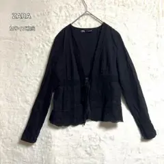 ZARA 紐付き刺繍入りブラウス カーディガン　羽織り　レース　ブラック　M相当