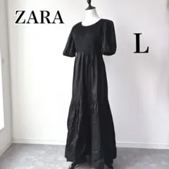 新品タグ付✨ZARA シャーリングワンピース　マキシ丈　Aライン　リボン　黒