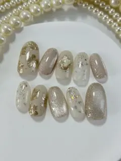 ウェディングネイル　ブライダルネイル　結婚式ネイル　ベージュ　白　ミラー