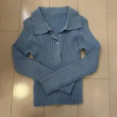 襟付き リブニット 長袖 ブルー