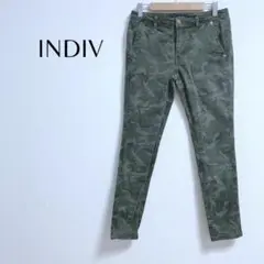 76【INDIV】迷彩柄カラースキニーデニム／36／カーキ／コットン／カジュアル