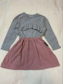 BREEZE キッズ グレー・ピンク フリル付き長袖ワンピース 100cm