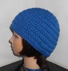 ハマナカ100％・青・クロシェ・クラッシャーハット・男女兼用・ハンドメイド手編み