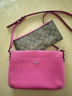 ピンク レザー ショルダーバッグ ポーチ セット