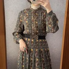 ヴィンテージ レトロ古着 バンドカラークラシカル花柄シルクワンピース 総柄 希少