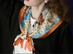 美品　花柄 ドット柄 スカーフ バンダナ オレンジ系