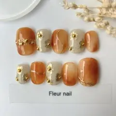 【現品】人気 ブラウン×ゴールドフラワー 大人可愛いニュアンスネイル