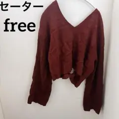 セーター【M】レッド Vネック 長袖 トップス リブ 秋冬 可愛い 丈短め 赤