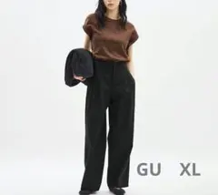 GU リネンブレンドタックワイドパンツ　ブラック　XL