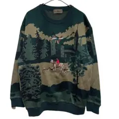 デザインニット　総柄　刺繍　ヴィンテージ　レトロ　乗馬　犬　鳥　雁　ア