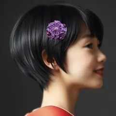 鈴　ヘアクリップ　髪飾り　和風　ちりめん　花　紫　パープル　成人式　着物