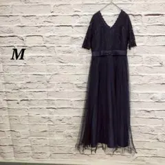 【M】 パーティーロングドレス 結婚式 レース チュール リボン 半袖 Vネック