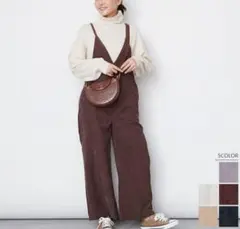 【ブラウン】コーデュロイ　オールインワン　サロペット　オーバーオール　Vネック