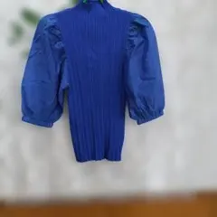 値下げ 青 プリーツ バルーンスリーブ 半袖シャツ