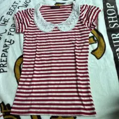 レース襟付き ボーダー 半袖Tシャツ レッドのサムネイル