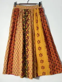 インド綿 ロングスカート パッチワーク風 イエロー×オレンジ 花柄 ボタニカル
