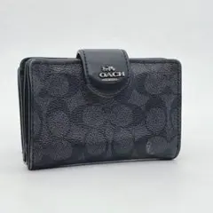COACH コーチ 二つ折り財布 シグネチャー 定期入れ レザー ブラック