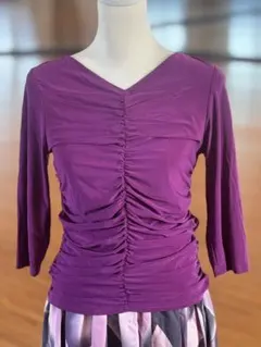 パープル トップス フロントギャザー 3/4袖 レッスンウェア