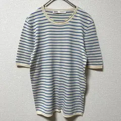 ザラ　半袖ニット　プルオーバー　ボーダー　青/ベージュ系　M　シンプル