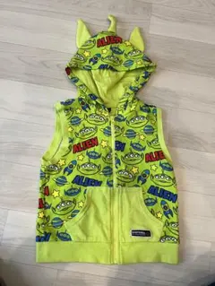 エイリアン柄 リトルグリーンメン　蛍光グリーン 耳付きパーカーベスト　120㎝