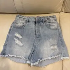 ダメージ加工 ライトブルー レディース ショートパンツ L