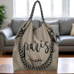 ロゴ パリ ロープトートバッグ グレー ショルダーベルト付き 刺繍エコバッグ