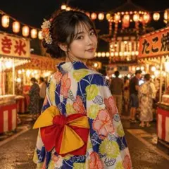 【美品　中古】浴衣 レディース 華やか花柄 青×オレンジ 夏祭り 花火大会