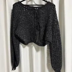 透かし編み 黒 カーディガン クロップド丈