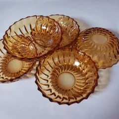 昭和レトロ ☆アンバー ボウルガラス皿 5枚セット アンティーク 琥珀色