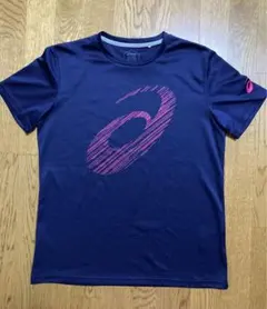 ASICS ネイビー ロゴ入り レディース半袖シャツ