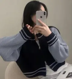 ニットセーター 長袖 クロップド丈　ショート丈　編み　ジップアップ