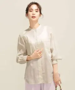 S152ナノユニバース長袖シアーシャツバンドカラーベージュグレー無地コットン綿