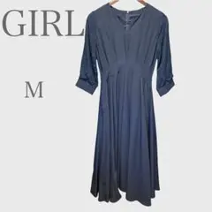 ガール　レース袖ロングワンピース　ドレス　7分袖　ネイビー　M パーティー