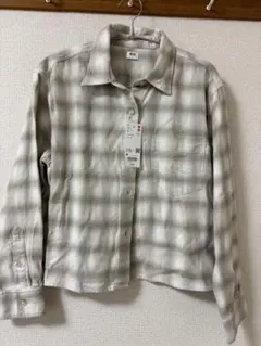 ユニクロ オフホワイト チェック柄 長袖シャツ M