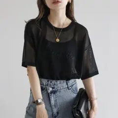 一点のみ✳️Bonjour sagan コード刺繍半袖シアーニット