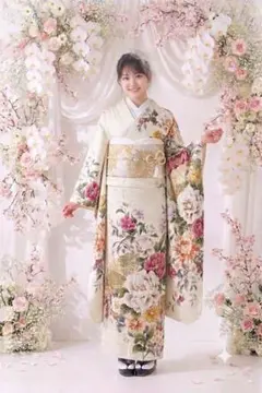 美品 成人式 振袖フルセット 正絹 ベージュ 150cm~160cm【1105 