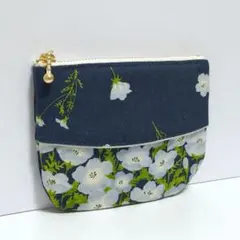 ネイビーのネモフィラ　ティッシュケース ミニポーチ　ハンドメイド