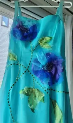 ターコイズ 花刺繍 スリーブレスドレス　一点物