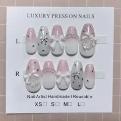 ネイルチップ 現品 フレンチガーリー ワンホン　韓国 バラ リボン 量産型