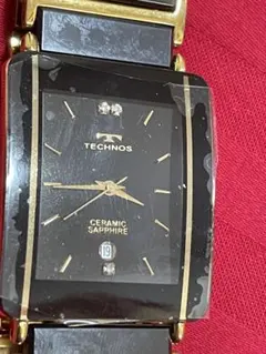 良品 TECHNOS メンズ腕時計ブラック 3Pクリスタル セラミック スイス