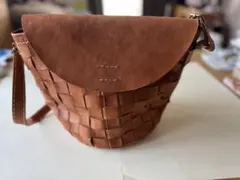 ブラウン レザー 編み込み ショルダーバッグ