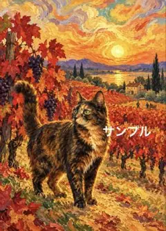 【一作限り】ゴッホ「赤い葡萄畑」猫アート C507 三毛猫 ★フチあり
